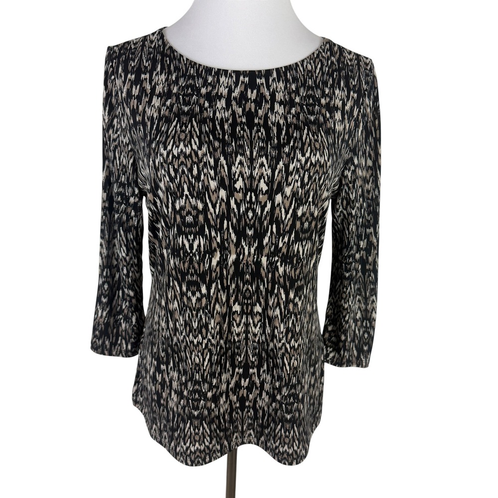 Carmen Marc Valvo Women's Large Black Tan Ikat 3/4 Sleeve Round Neck Blouse Top